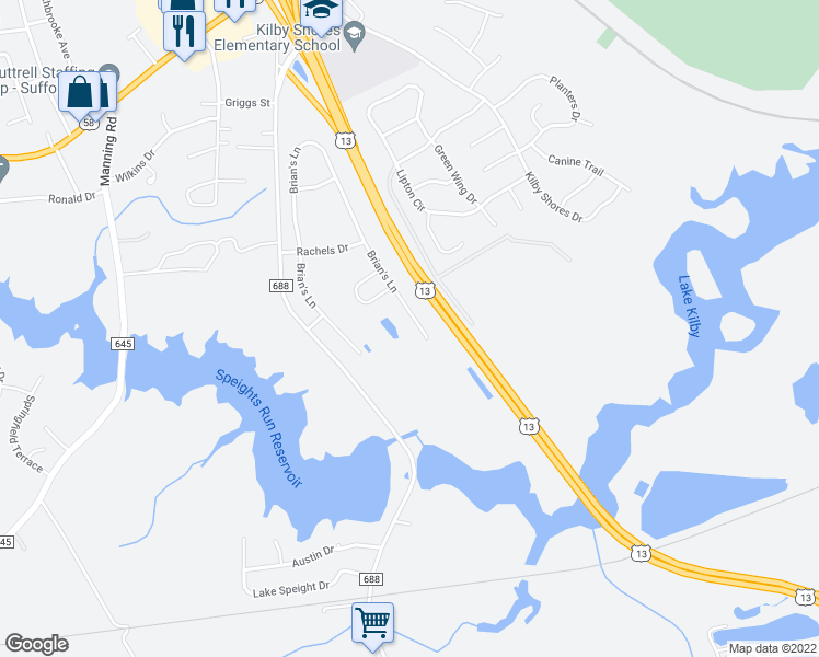 map of restaurants, bars, coffee shops, grocery stores, and more near 2132 Brians Lane in Suffolk