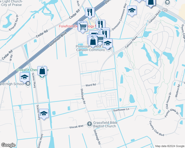 map of restaurants, bars, coffee shops, grocery stores, and more near 526 Bright Red Run in Chesapeake