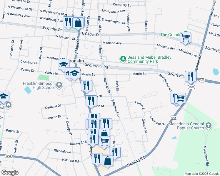 map of restaurants, bars, coffee shops, grocery stores, and more near 408-414 S Railroad St in Franklin
