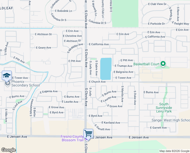 map of restaurants, bars, coffee shops, grocery stores, and more near 2380 South Sabre Avenue in Fresno