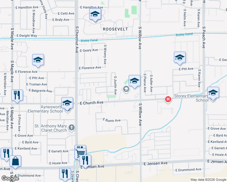 map of restaurants, bars, coffee shops, grocery stores, and more near 4915 East Alexander Avenue in Fresno