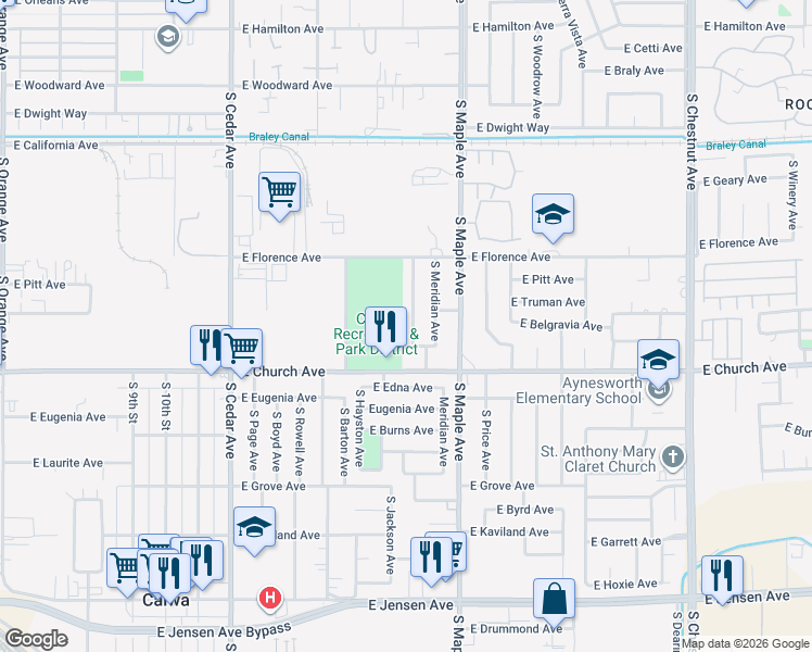 map of restaurants, bars, coffee shops, grocery stores, and more near 2356 South Jackson Avenue in Fresno