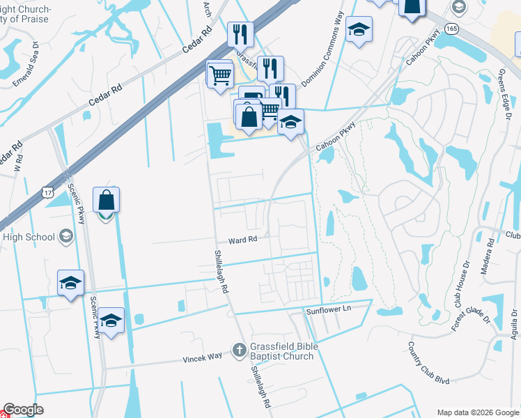map of restaurants, bars, coffee shops, grocery stores, and more near 1619 Catbird in Chesapeake