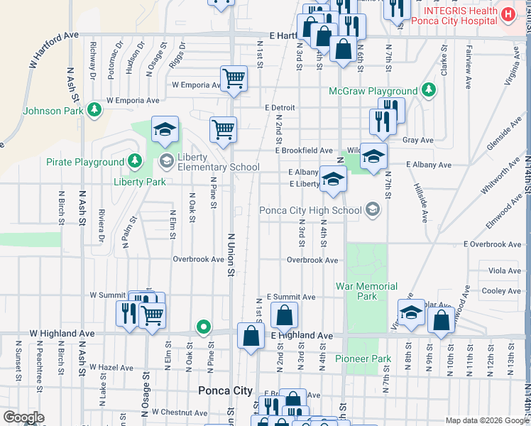 map of restaurants, bars, coffee shops, grocery stores, and more near 101 Roosevelt Avenue in Ponca City