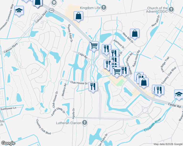 map of restaurants, bars, coffee shops, grocery stores, and more near 747 Sendero Court in Chesapeake