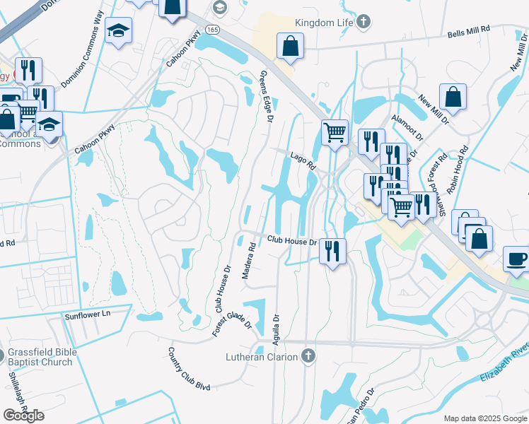map of restaurants, bars, coffee shops, grocery stores, and more near 507 Madera Road in Chesapeake