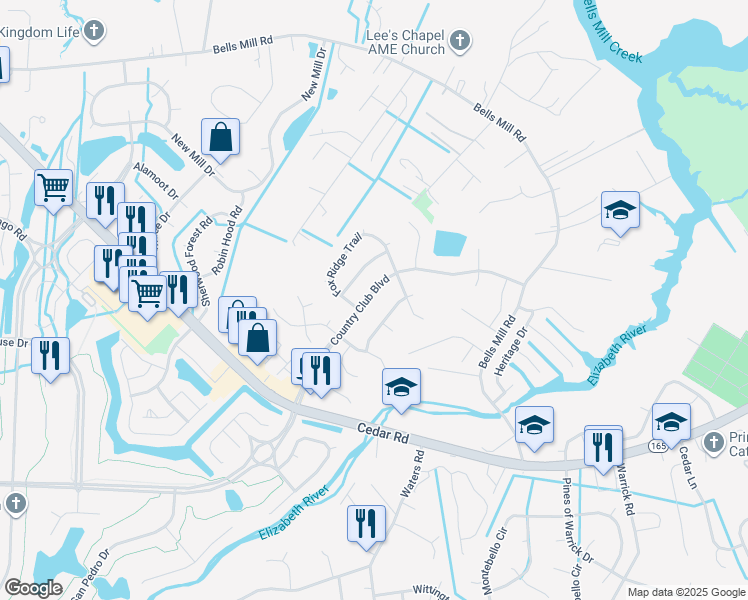 map of restaurants, bars, coffee shops, grocery stores, and more near 225 Country Club Boulevard in Chesapeake