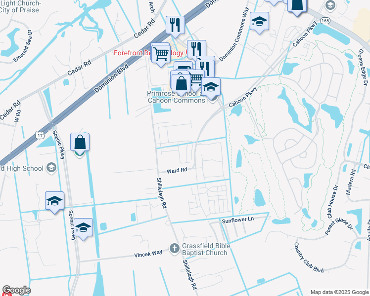 map of restaurants, bars, coffee shops, grocery stores, and more near 1646 Whistling Road in Chesapeake