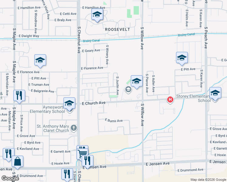 map of restaurants, bars, coffee shops, grocery stores, and more near 4915 East Alexander Avenue in Fresno
