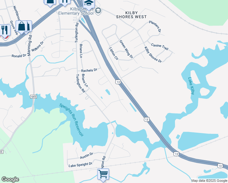map of restaurants, bars, coffee shops, grocery stores, and more near 2132 Brians Lane in Suffolk