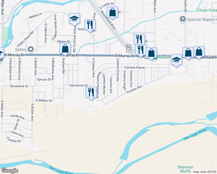 map of restaurants, bars, coffee shops, grocery stores, and more near 1400 Camino Monte in Farmington