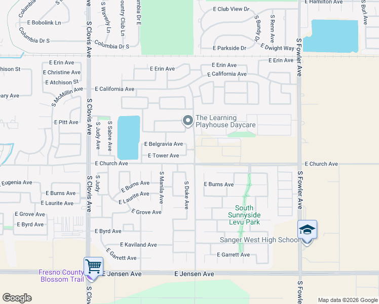 map of restaurants, bars, coffee shops, grocery stores, and more near 5788 East Tower Avenue in Fresno