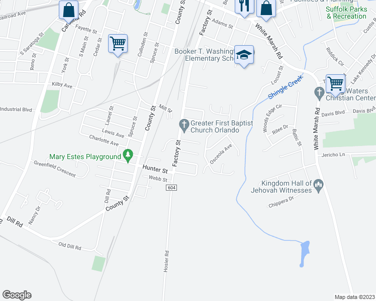 map of restaurants, bars, coffee shops, grocery stores, and more near 506 Kissimmee Avenue in Suffolk