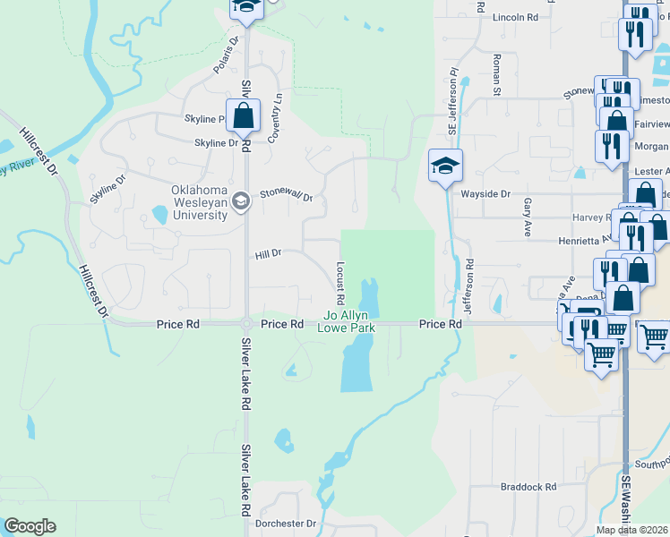 map of restaurants, bars, coffee shops, grocery stores, and more near 2435 Locust Road in Bartlesville