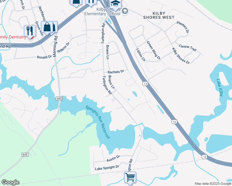 map of restaurants, bars, coffee shops, grocery stores, and more near 4024 Brians Lane in Suffolk