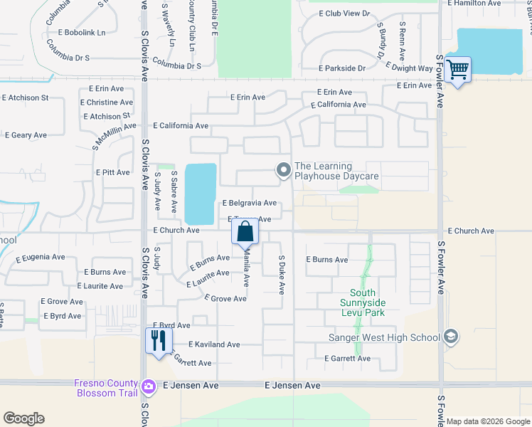 map of restaurants, bars, coffee shops, grocery stores, and more near 5761 East Tower Avenue in Fresno