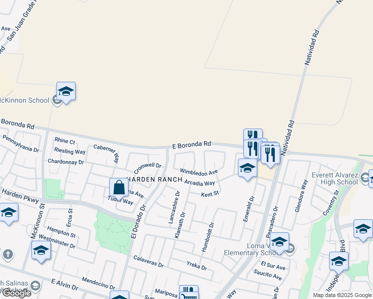 map of restaurants, bars, coffee shops, grocery stores, and more near 1927 Oxford Court in Salinas