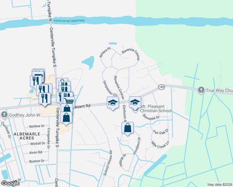 map of restaurants, bars, coffee shops, grocery stores, and more near 405 Vespasian Circle in Chesapeake