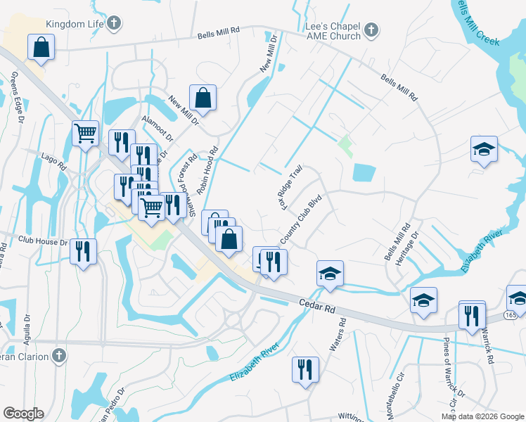 map of restaurants, bars, coffee shops, grocery stores, and more near 906 Cedarwood Trce in Chesapeake