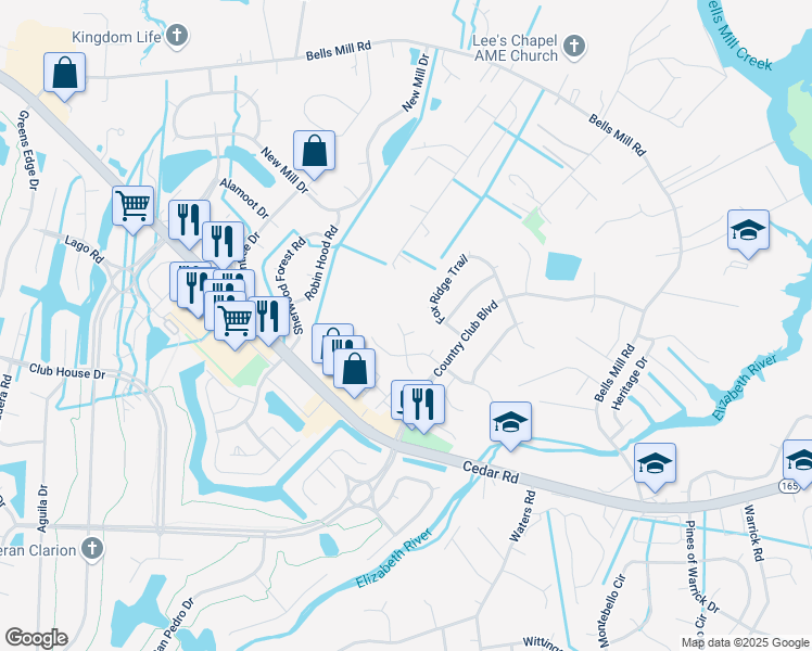 map of restaurants, bars, coffee shops, grocery stores, and more near 906 Cedarwood Trce in Chesapeake
