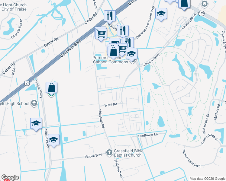 map of restaurants, bars, coffee shops, grocery stores, and more near 796 Shillelagh Road in Chesapeake