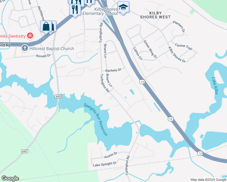 map of restaurants, bars, coffee shops, grocery stores, and more near 4024 Brians Lane in Suffolk