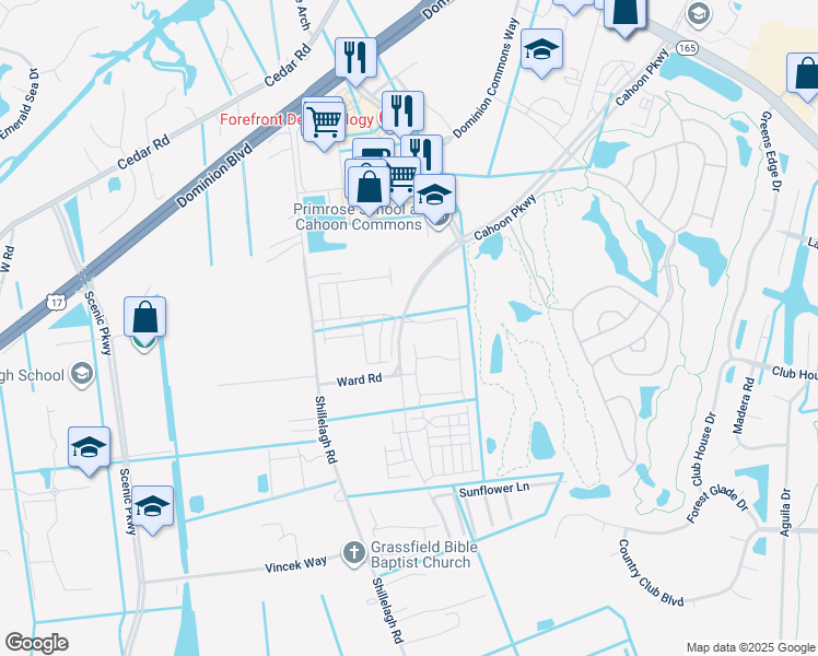 map of restaurants, bars, coffee shops, grocery stores, and more near 504 Cap Stone Arch in Chesapeake
