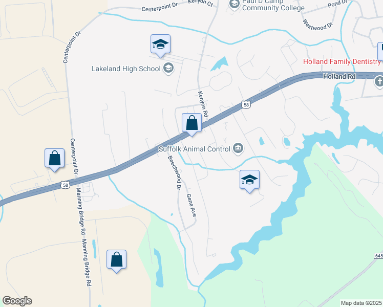 map of restaurants, bars, coffee shops, grocery stores, and more near 106 Robin Lane in Suffolk