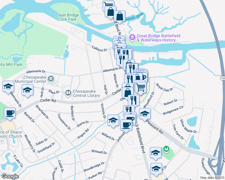 map of restaurants, bars, coffee shops, grocery stores, and more near 116 Cedar Road in Chesapeake