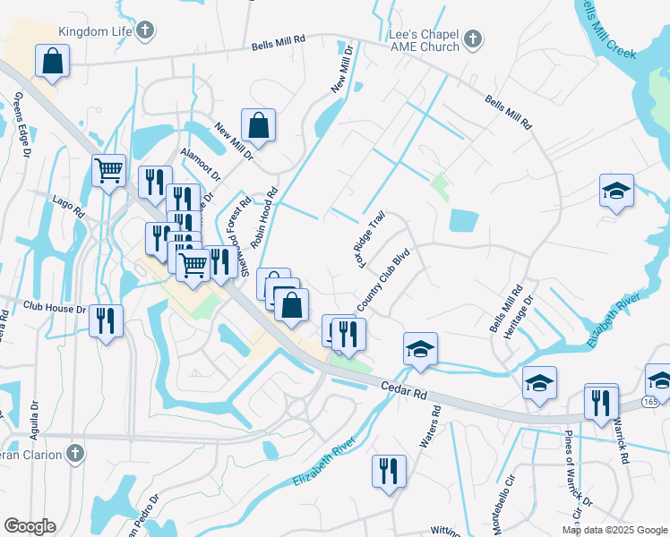 map of restaurants, bars, coffee shops, grocery stores, and more near 906 Cedarwood Trce in Chesapeake