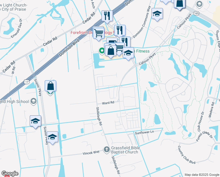 map of restaurants, bars, coffee shops, grocery stores, and more near 796 Shillelagh Road in Chesapeake