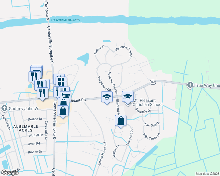 map of restaurants, bars, coffee shops, grocery stores, and more near 405 Vespasian Circle in Chesapeake