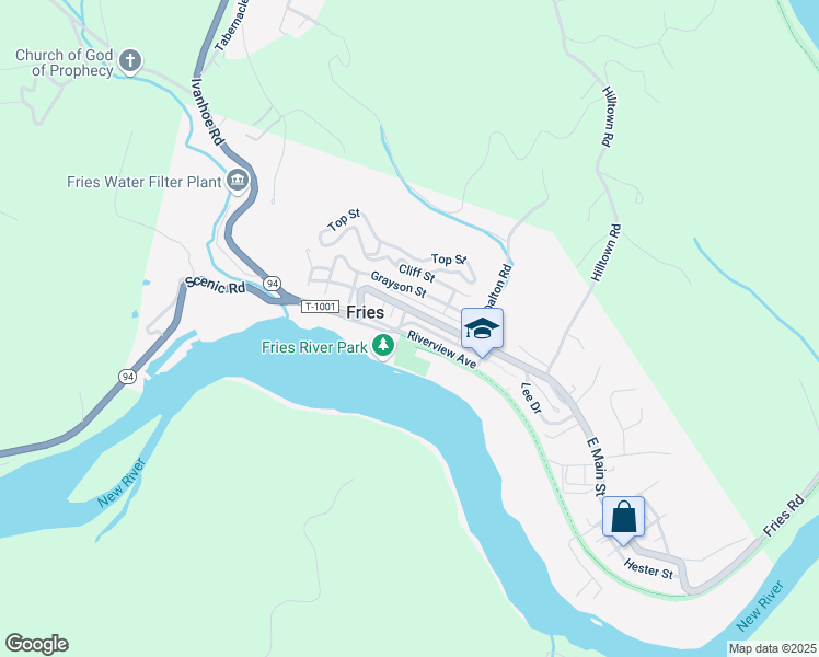 map of restaurants, bars, coffee shops, grocery stores, and more near 165 Riverview Apartments in Fries
