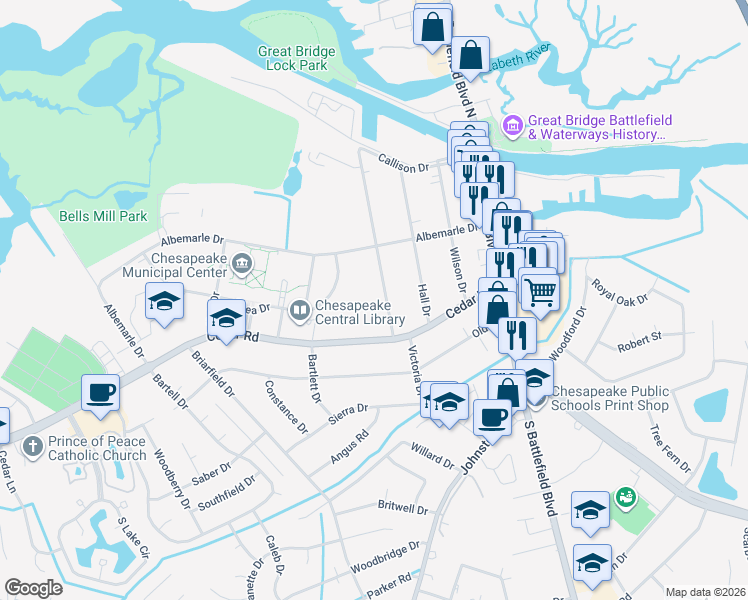 map of restaurants, bars, coffee shops, grocery stores, and more near 224 Mann Drive in Chesapeake