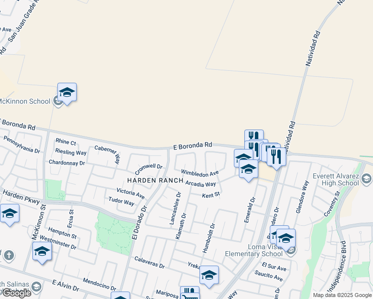map of restaurants, bars, coffee shops, grocery stores, and more near 1927 Oxford Court in Salinas