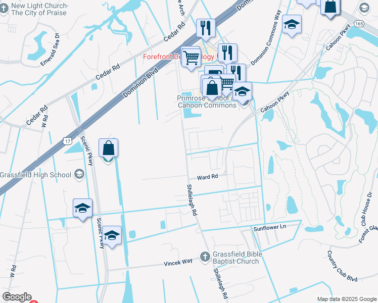 map of restaurants, bars, coffee shops, grocery stores, and more near 788 Shillelagh Road in Chesapeake