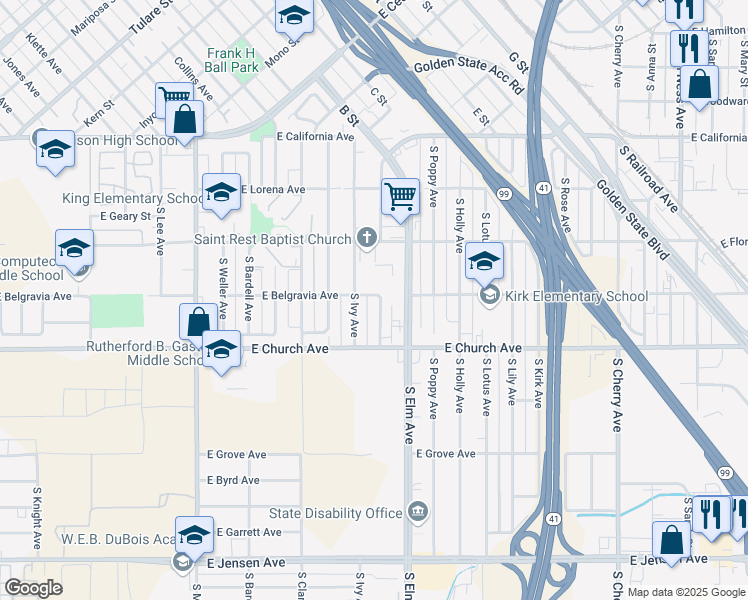map of restaurants, bars, coffee shops, grocery stores, and more near 2368 South Elm Avenue in Fresno