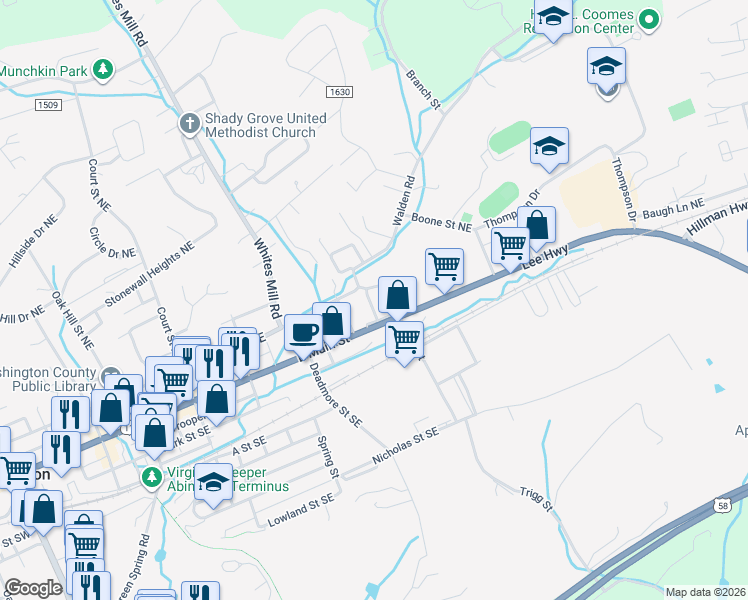 map of restaurants, bars, coffee shops, grocery stores, and more near 473 Rugby Terrace Northeast in Abingdon