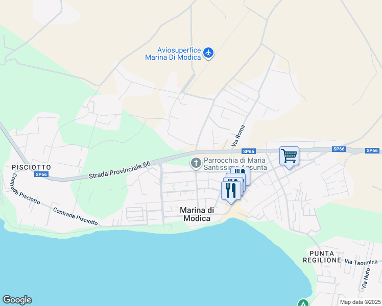 map of restaurants, bars, coffee shops, grocery stores, and more near 110 Via dei Navigatori in Marina di Modica