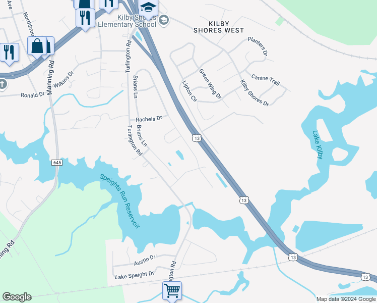 map of restaurants, bars, coffee shops, grocery stores, and more near 2130 Brian's Lane in Suffolk