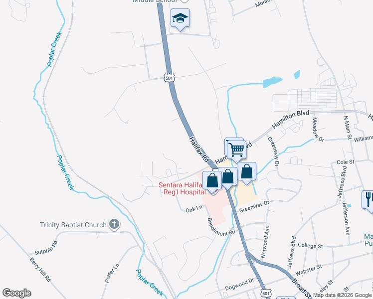 map of restaurants, bars, coffee shops, grocery stores, and more near 2538-2698 Halifax Road in South Boston