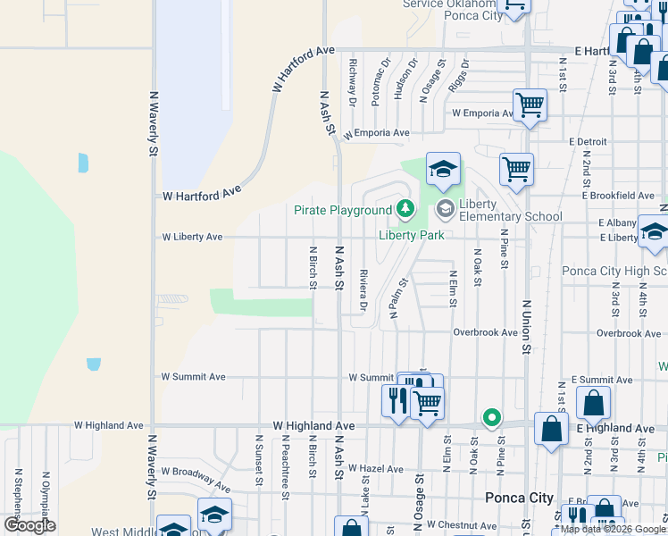 map of restaurants, bars, coffee shops, grocery stores, and more near 1012 North Ash Street in Ponca City