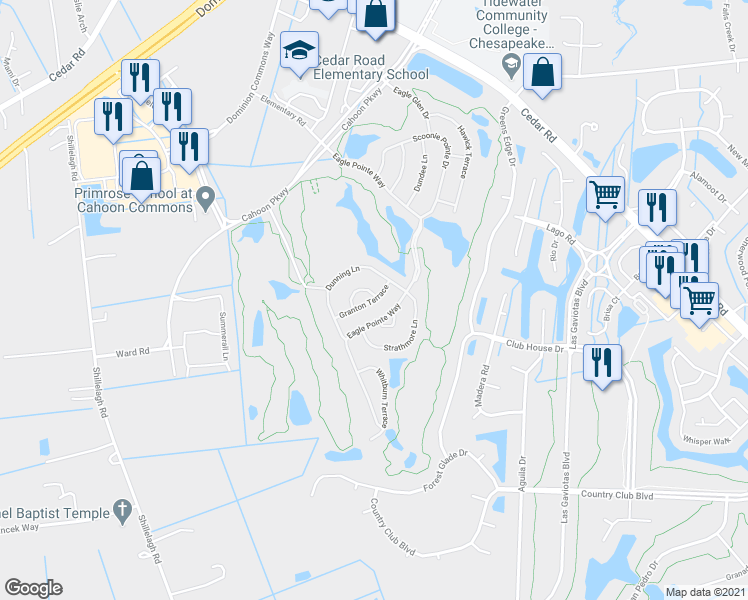 map of restaurants, bars, coffee shops, grocery stores, and more near 1215 Granton Terrace in Chesapeake