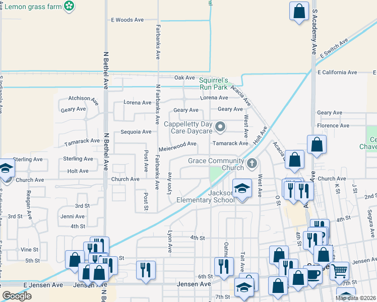 map of restaurants, bars, coffee shops, grocery stores, and more near 2159 Sterling Avenue in Sanger
