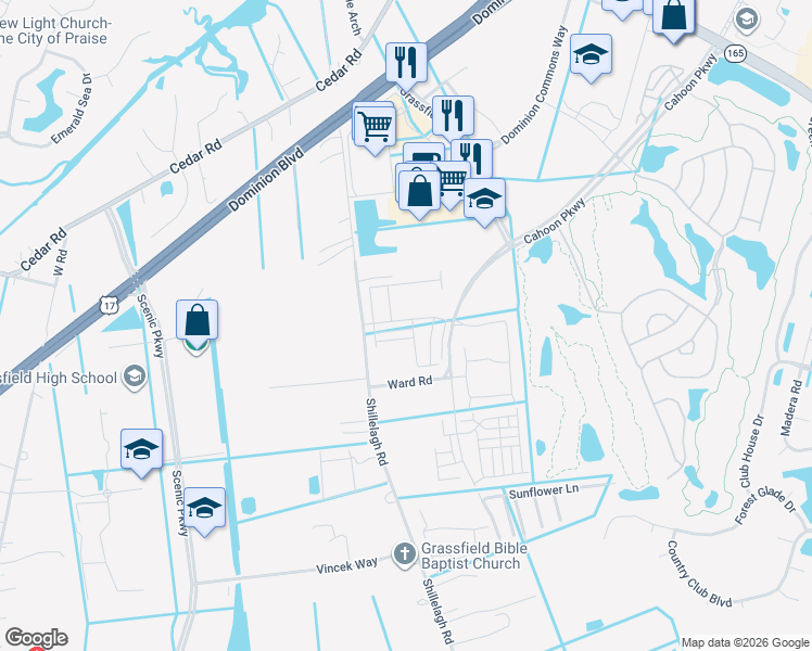 map of restaurants, bars, coffee shops, grocery stores, and more near 796 Shillelagh Road in Chesapeake