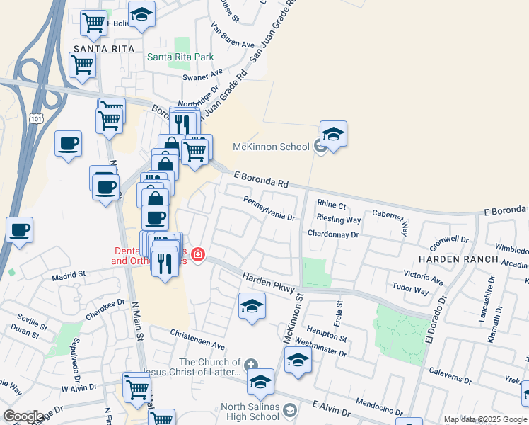 map of restaurants, bars, coffee shops, grocery stores, and more near 186 Pennsylvania Drive in Salinas