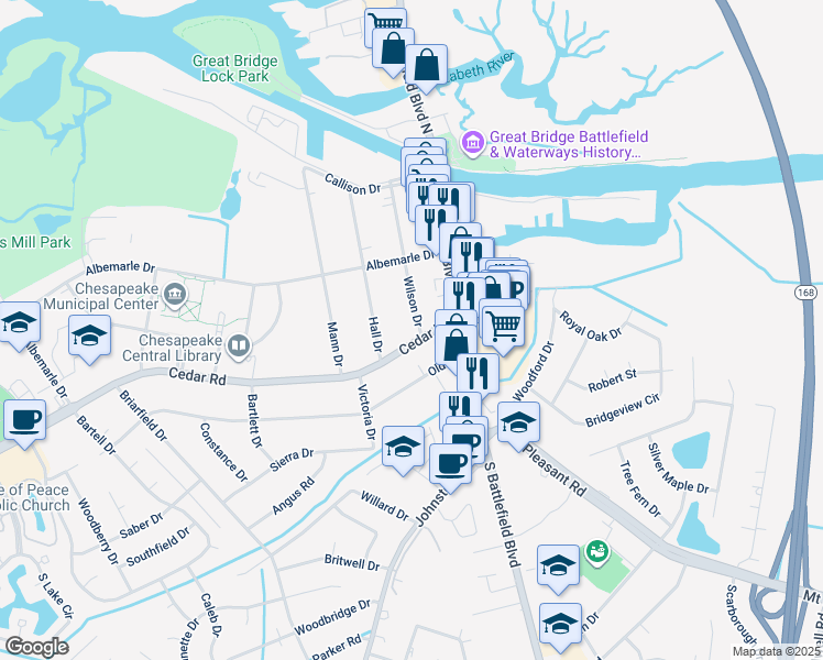 map of restaurants, bars, coffee shops, grocery stores, and more near 112 Cedar Road in Chesapeake