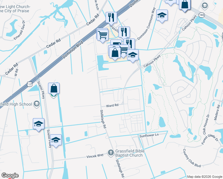 map of restaurants, bars, coffee shops, grocery stores, and more near 796 Shillelagh Road in Chesapeake