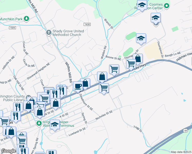 map of restaurants, bars, coffee shops, grocery stores, and more near 473 Rugby Terrace Northeast in Abingdon