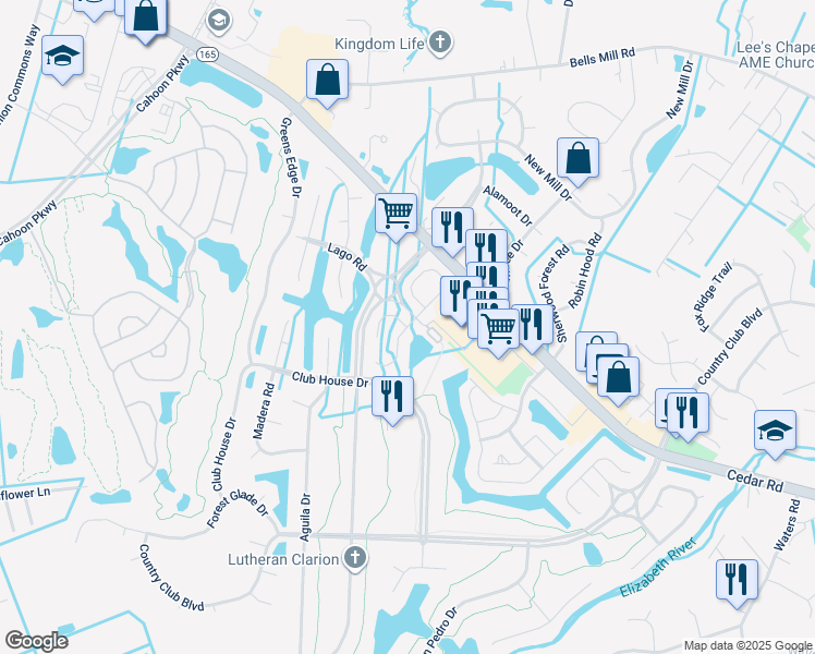 map of restaurants, bars, coffee shops, grocery stores, and more near 798 Brisa Court in Chesapeake